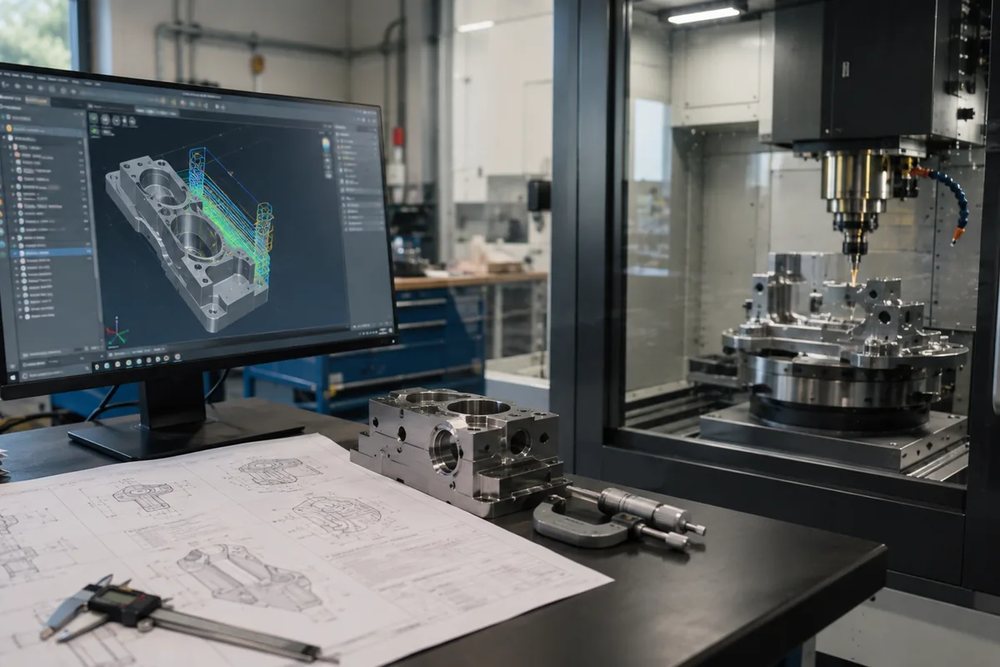 Stanowisko CNC, model 3D na monitorze i rysunki techniczne przy obrabiarce